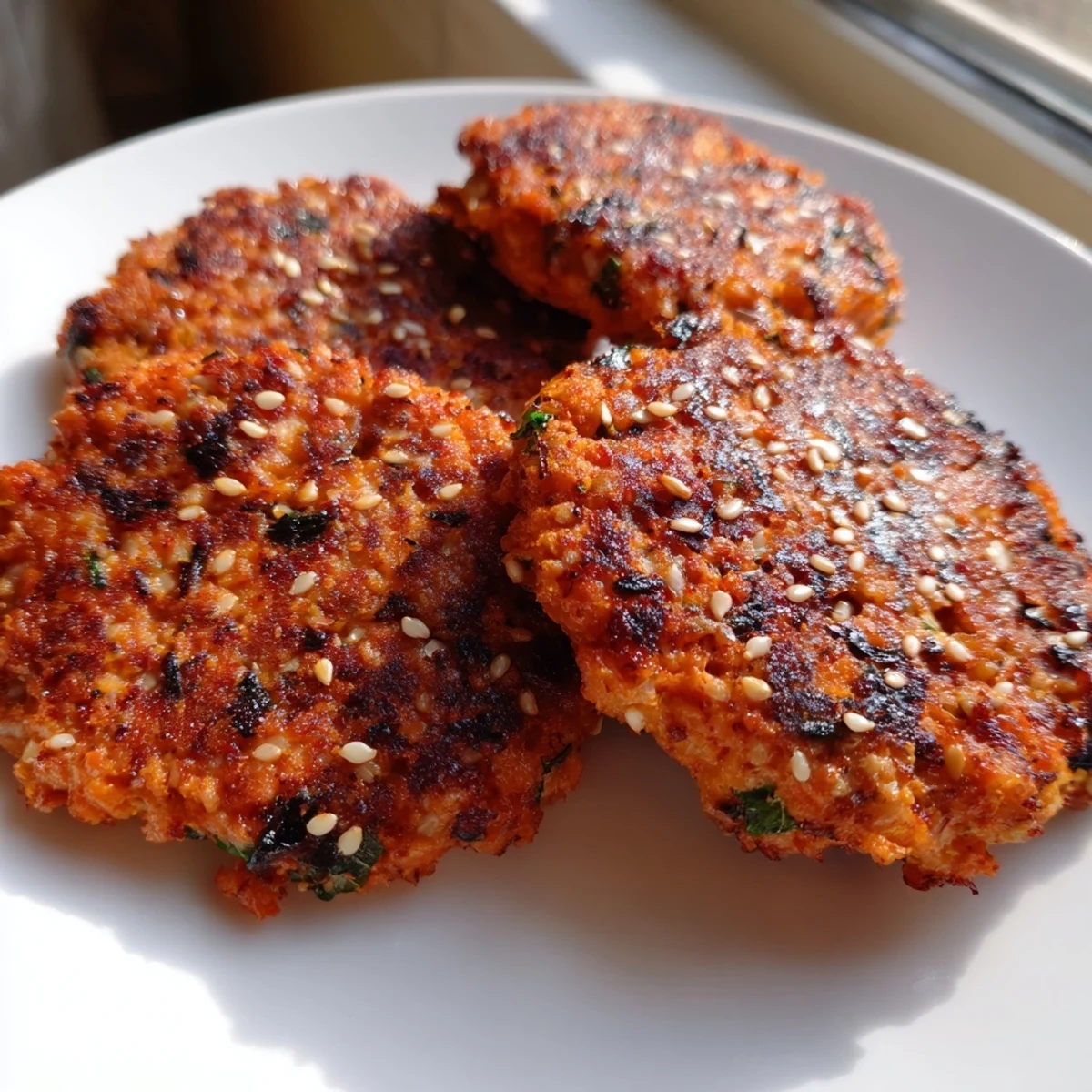 Golden crispy harissa sesame salmon patties sizzling in a nonstick skillet with sesame seed garnish