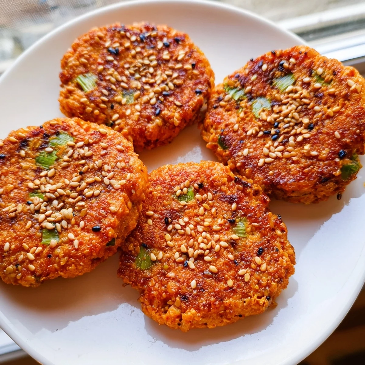 Spicy harissa sesame salmon patties served on a white plate with fresh cilantro and lemon
