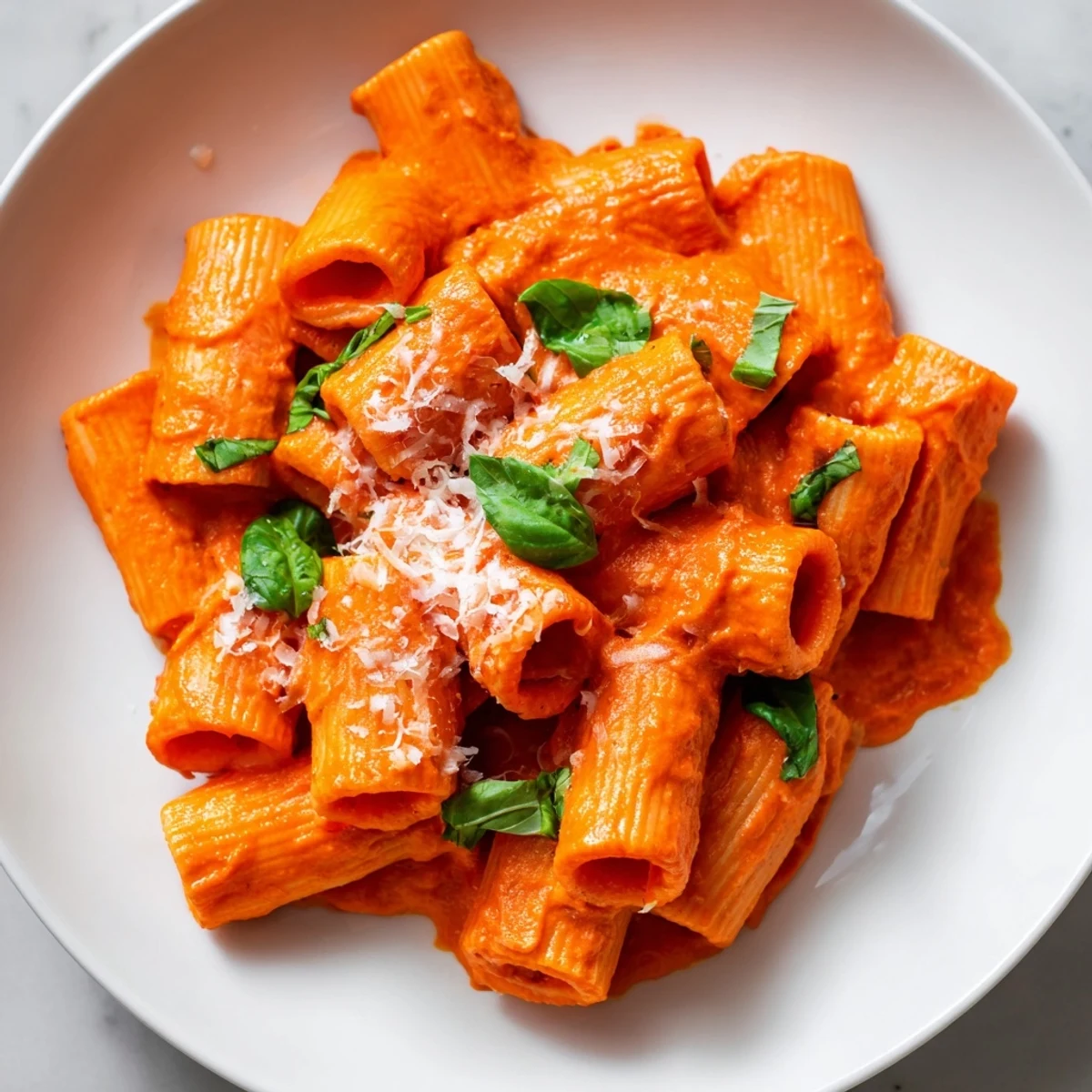 Creamy roasted red pepper pasta twirled in a vibrant orange sauce with fresh basil garnish
