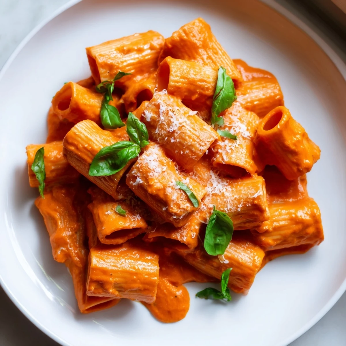 Rustic roasted red pepper pasta served in a white bowl with melted Parmesan cheese