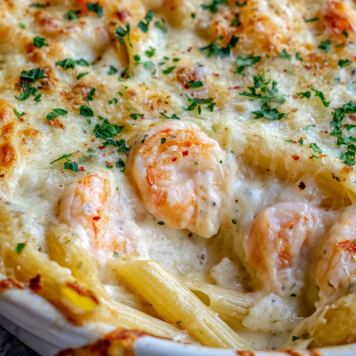 Golden bubbling shrimp scampi pasta bake topped with melted mozzarella and fresh parsley