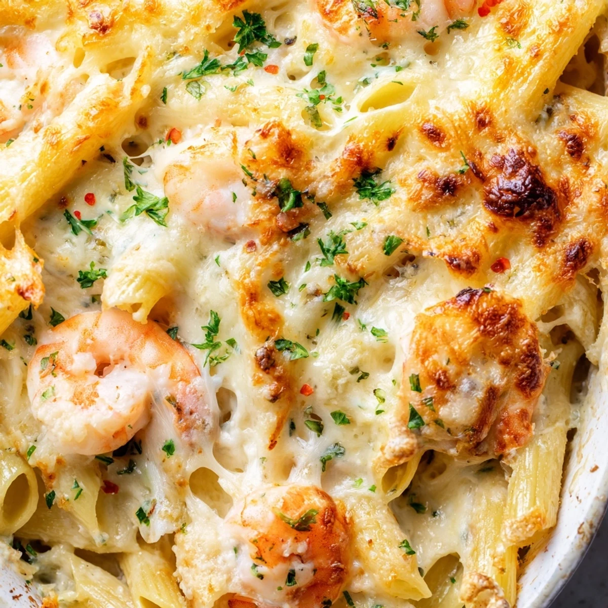 Creamy shrimp scampi pasta bake with succulent pink shrimp in a lemon garlic butter sauce