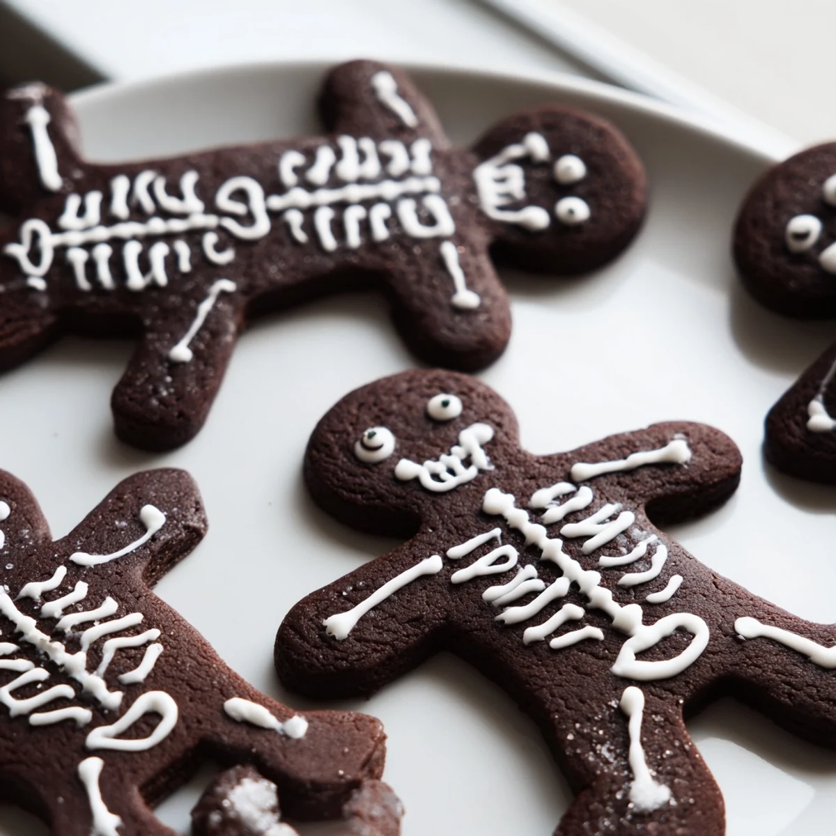 Chocolate Cinnamon Skeleton Cookies with white icing bones on a dark cocoa cookie