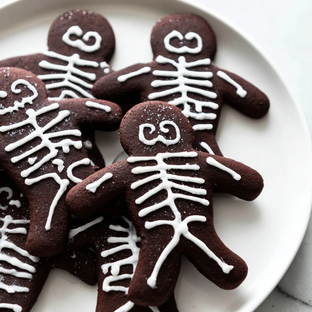 Chocolate Cinnamon Skeleton Cookies decorated with intricate royal icing skeleton designs