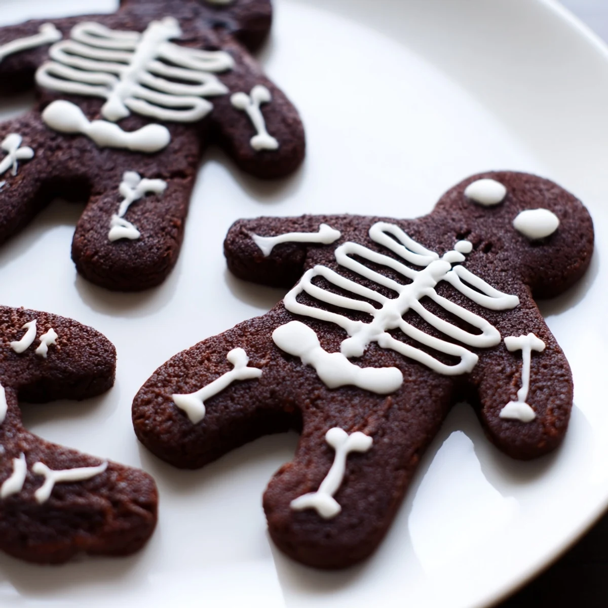 Dark chocolate Cinnamon Skeleton Cookies arranged on parchment with spooky icing details