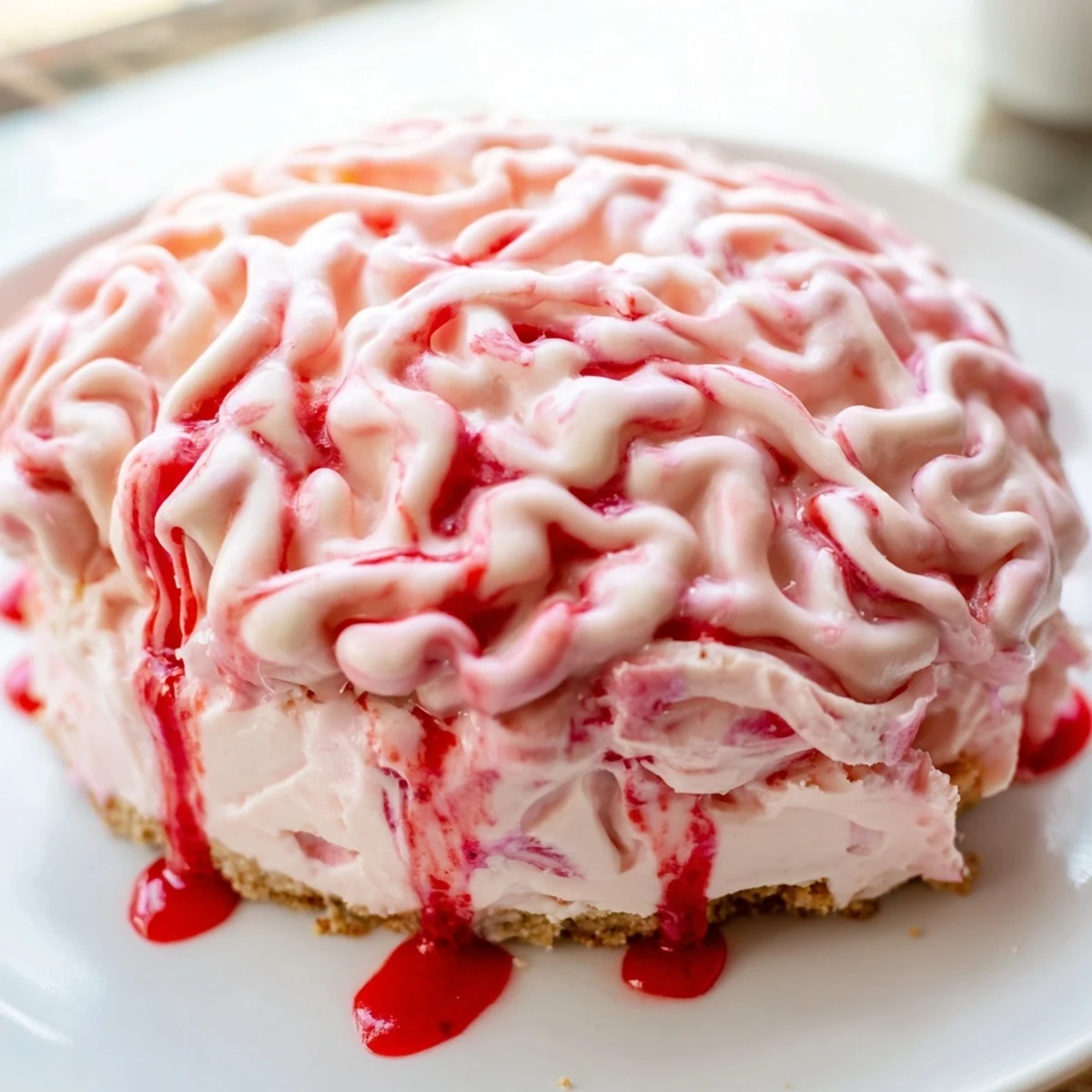 Creepy no bake strawberry cheesecake brain with red berry sauce drizzle on graham crust
