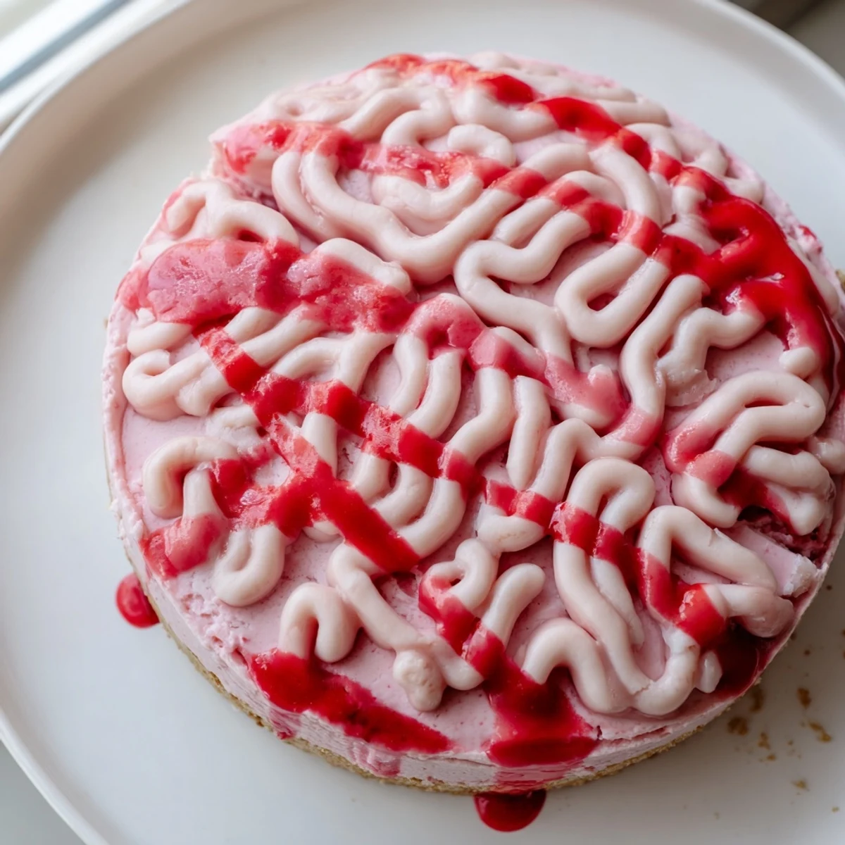 Pink no bake strawberry cheesecake brain topped with squiggly white chocolate brain folds