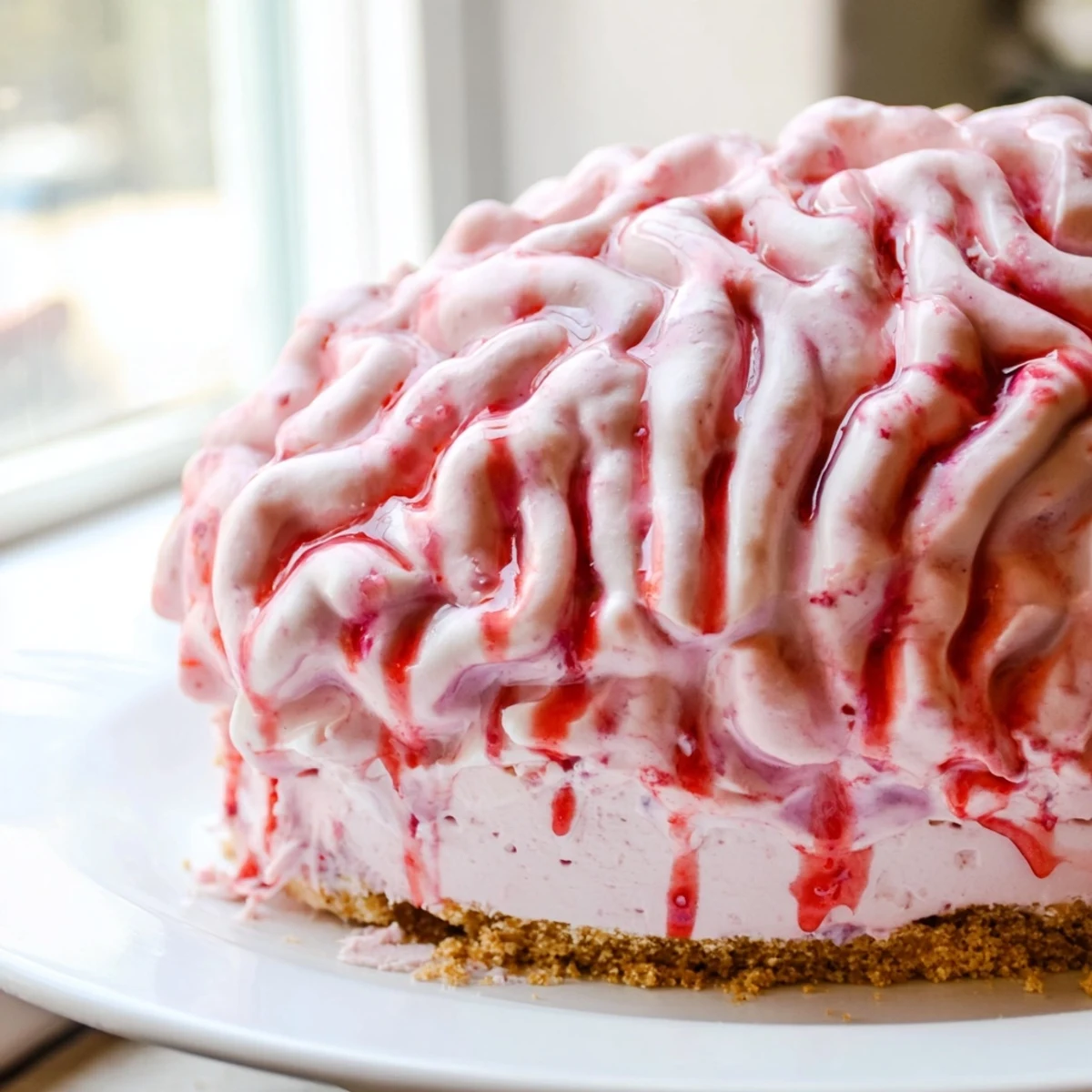 Spooky no bake strawberry cheesecake brain sliced to reveal creamy strawberry filling inside