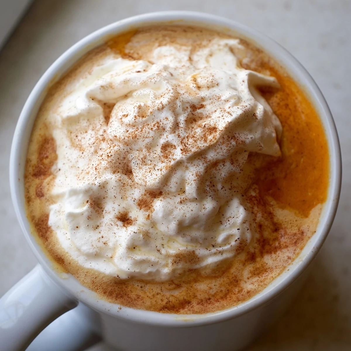 Creamy homemade pumpkin spice latte topped with whipped cream and cinnamon dust