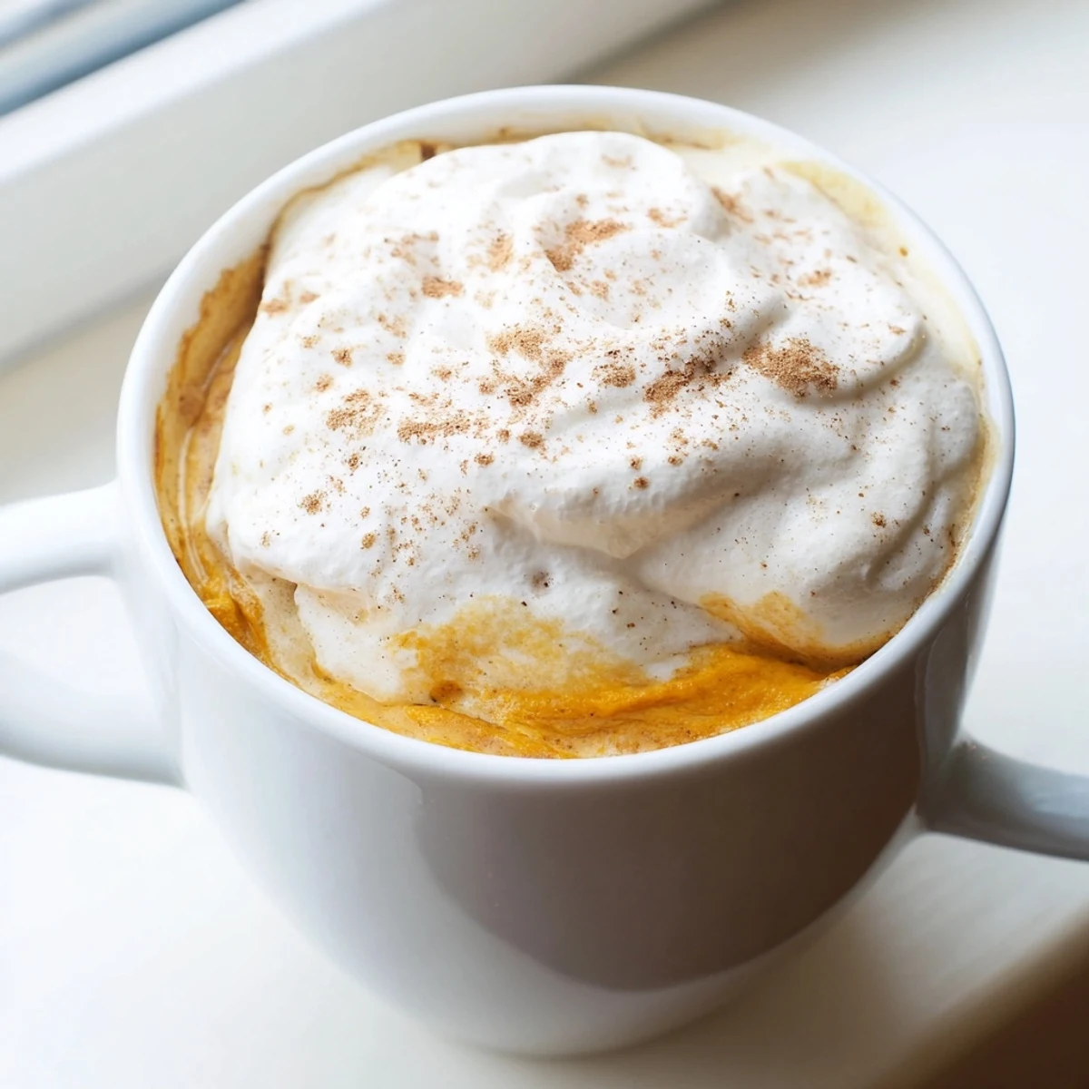 Frothy homemade pumpkin spice latte with real pumpkin and aromatic spices steaming in a cup