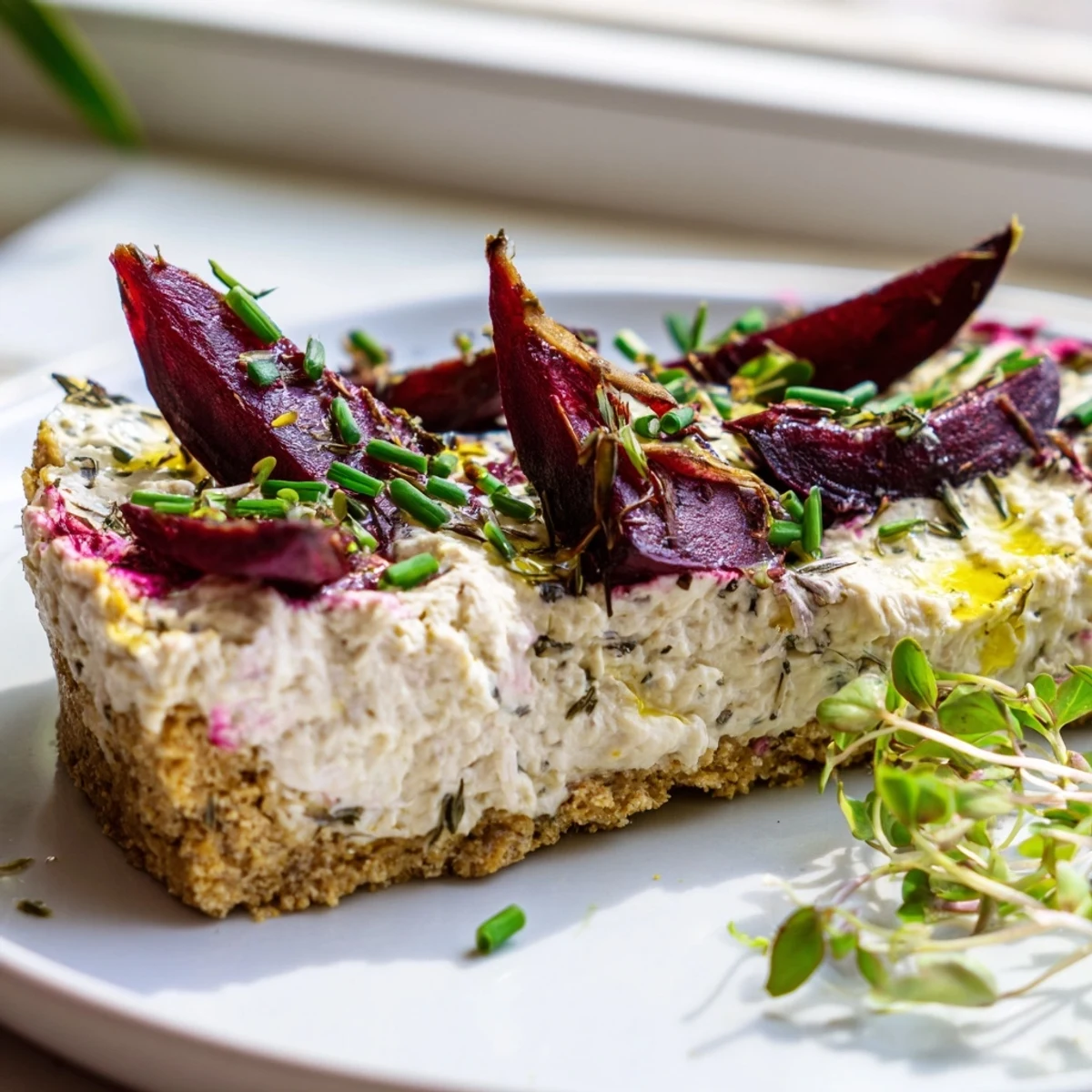 Creamy savoury cheesecake with roasted beetroot garnished with fresh herbs and microgreens