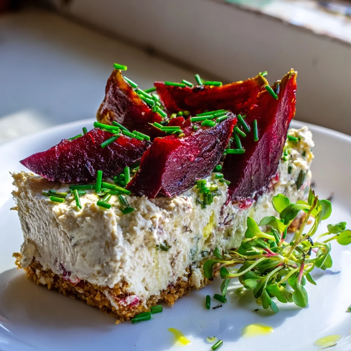 Savoury cheesecake topped with caramelized beetroot wedges drizzled with olive oil on a rustic plate