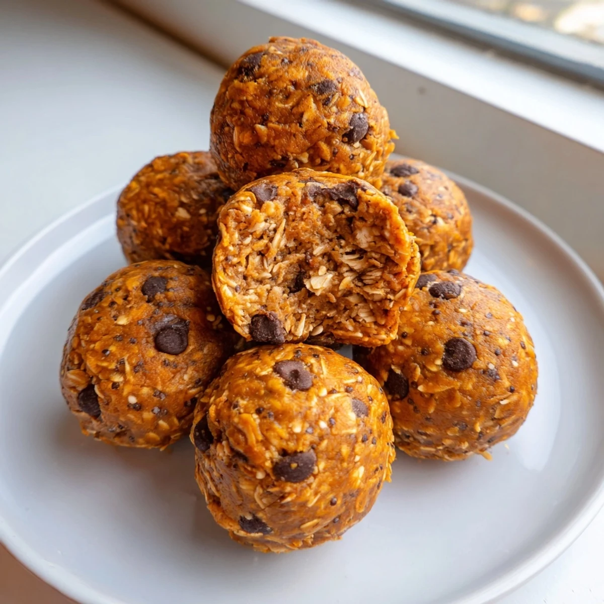 Golden no bake pumpkin protein balls rolled in oats on a rustic parchment-lined tray