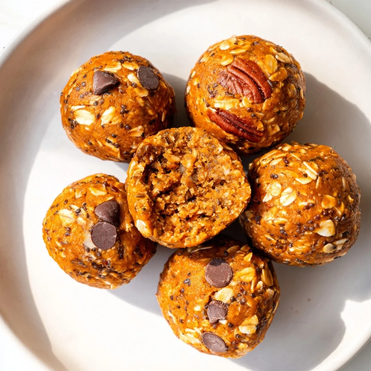 Creamy no bake pumpkin protein balls studded with chocolate chips and warm spices
