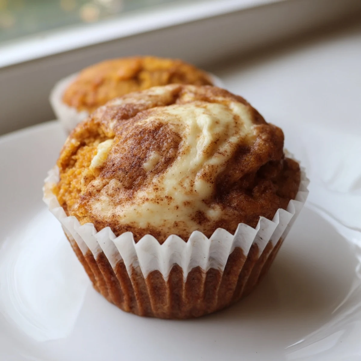 Chai pumpkin cheesecake muffins nestled in paper liners showing spiced cheesecake swirls