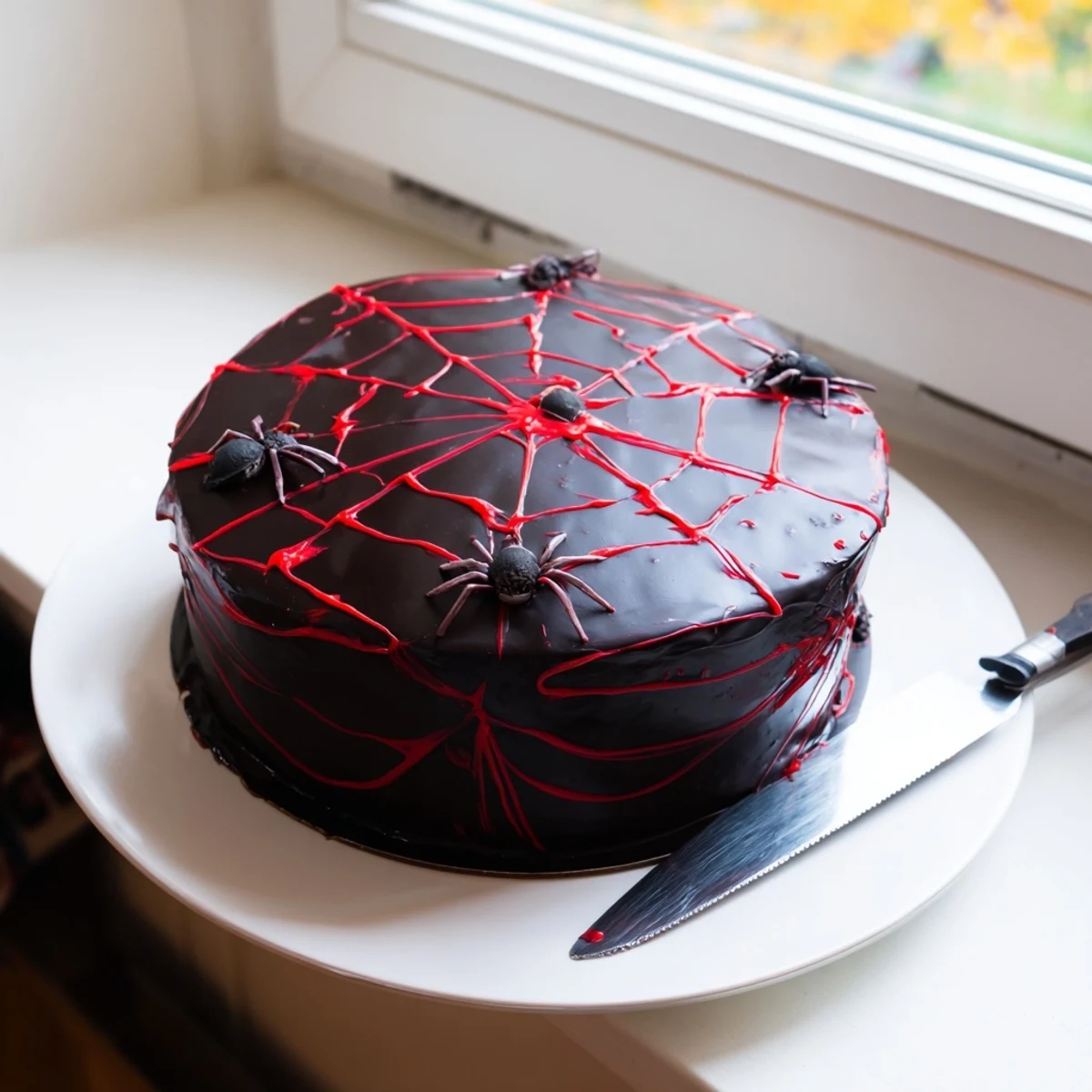 A dark and spooky Hidden Horror Black Widow Cake dripping with glossy black ganache