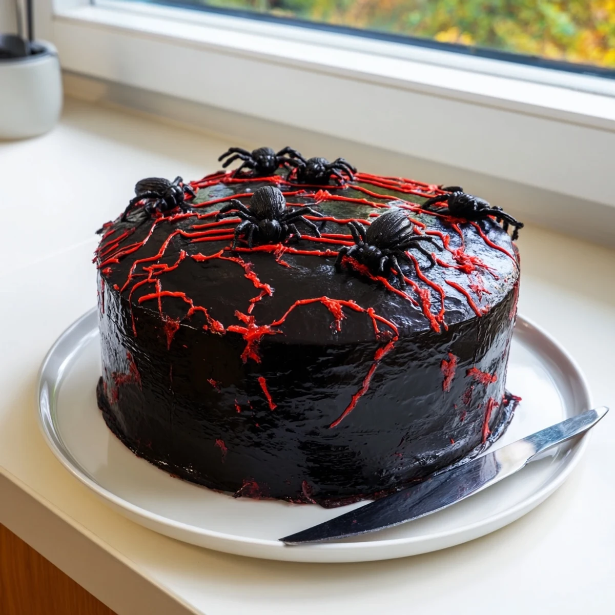 Hidden Horror Black Widow Cake topped with fondant spiders and eerie red vein designs