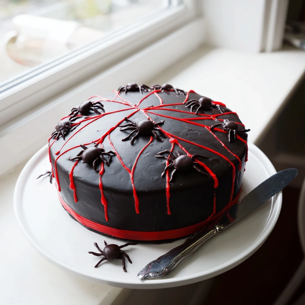 Sliced Hidden Horror Black Widow Cake revealing a bright red cherry compote center