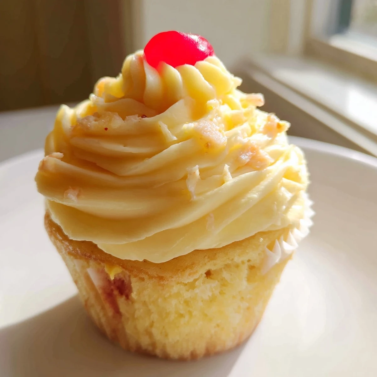 Golden Dole Whip Cupcakes topped with fluffy pineapple whipped frosting and a cherry garnish