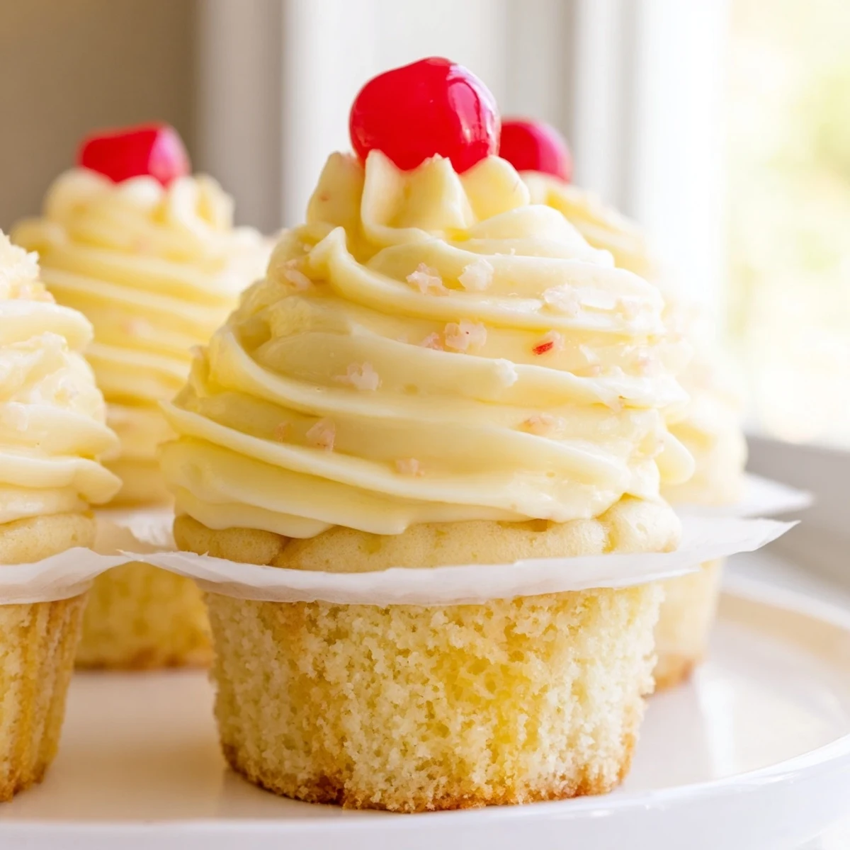 Moist pineapple-infused Dole Whip Cupcakes swirled with creamy yellow frosting on a white plate