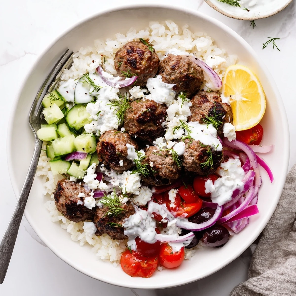 Golden brown Greek meatball bowl drizzled with creamy tzatziki over fluffy rice
