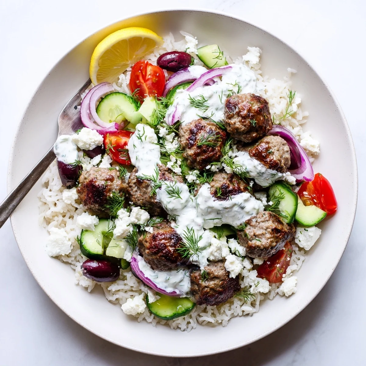 Juicy herb-spiced Greek meatball bowl with crumbled feta and crisp cherry tomatoes