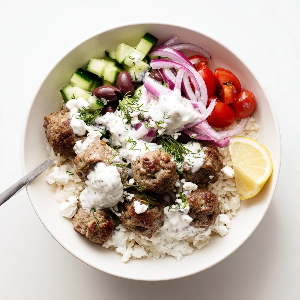 Mediterranean Greek meatball bowl topped with tangy tzatziki and a lemon wedge