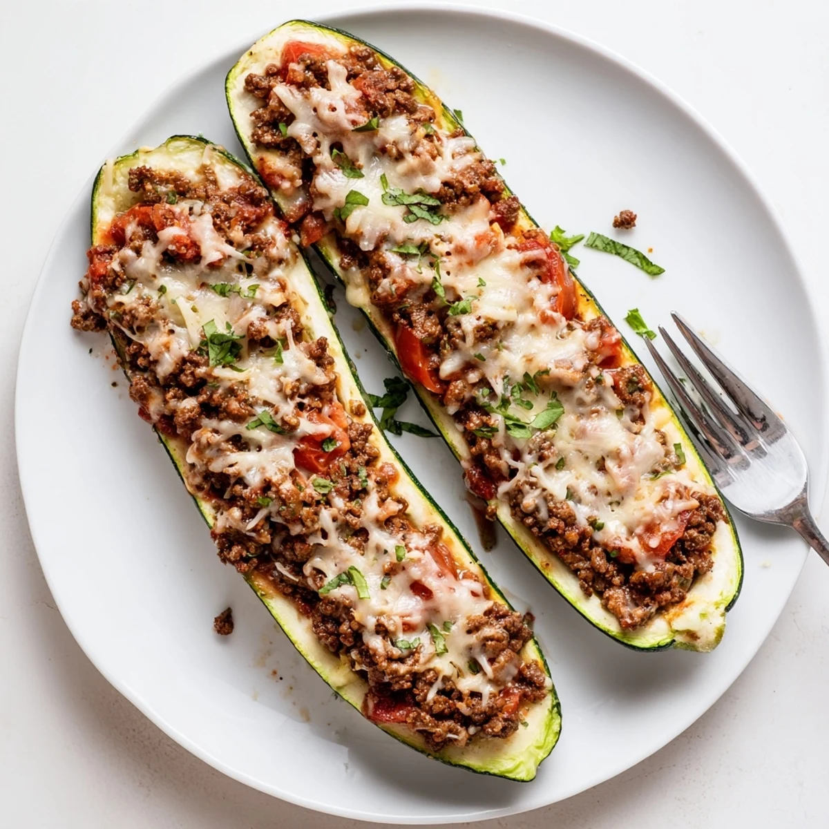 Golden stuffed zucchini boats with ground beef and melted mozzarella on a white baking dish