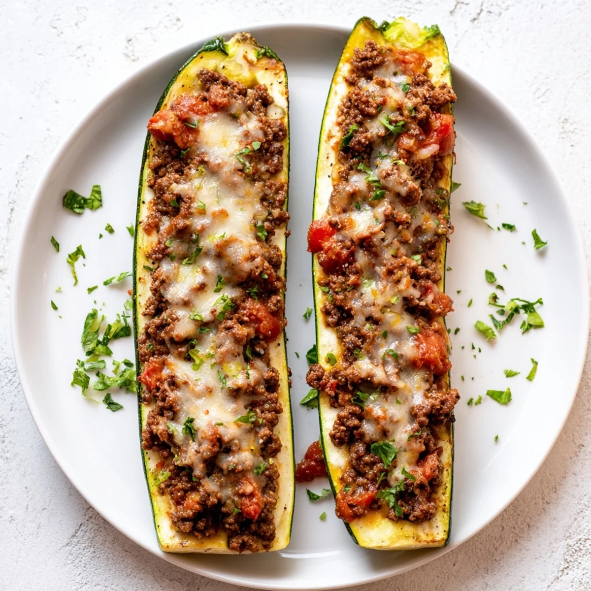Tender baked zucchini halves filled with savory ground beef, topped with bubbling Parmesan cheese