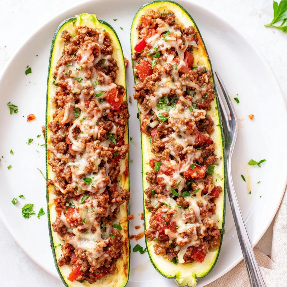 Low carb stuffed zucchini boats with ground beef sprinkled with fresh parsley for weeknight dinner