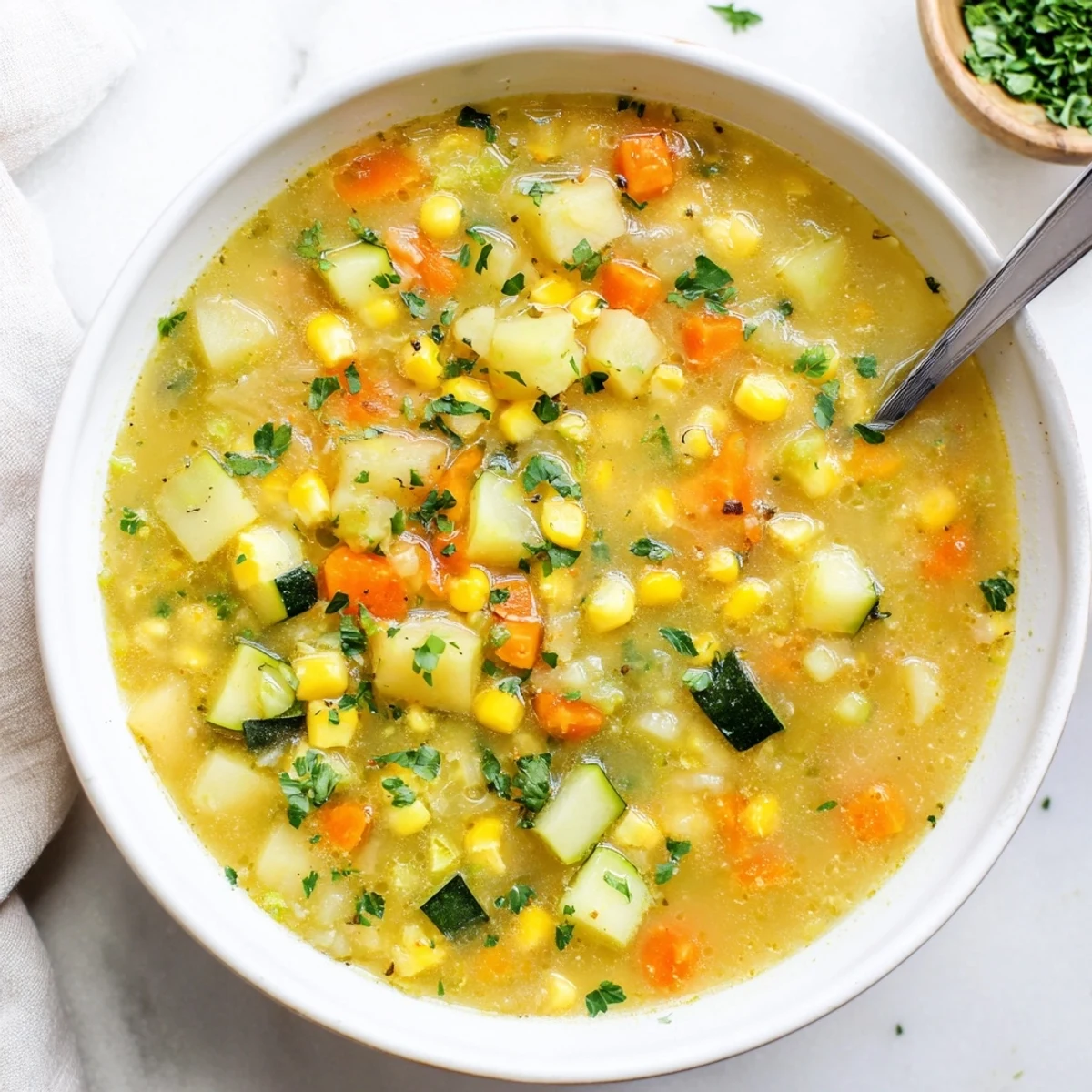 Steaming bowl of hearty potato corn zucchini soup garnished with fresh parsley