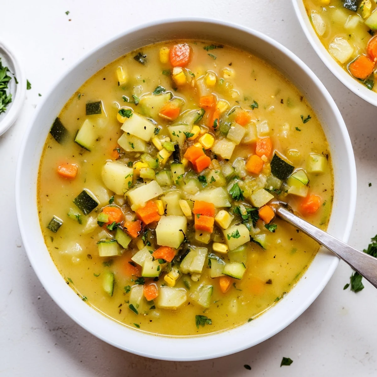 Golden corn and tender diced potatoes in a creamy vegetarian soup bowl