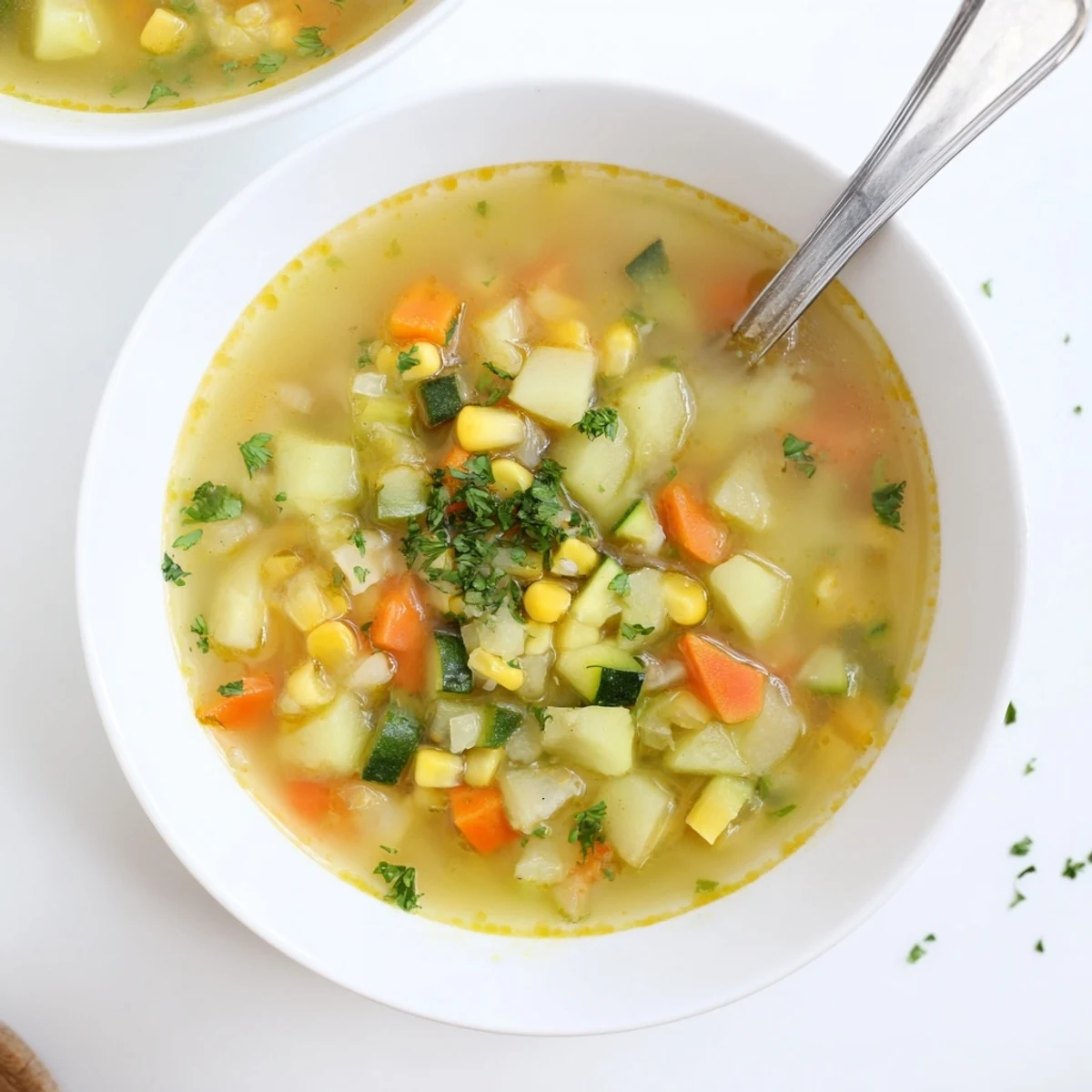 Thick hearty potato corn zucchini soup ladled into a rustic soup bowl