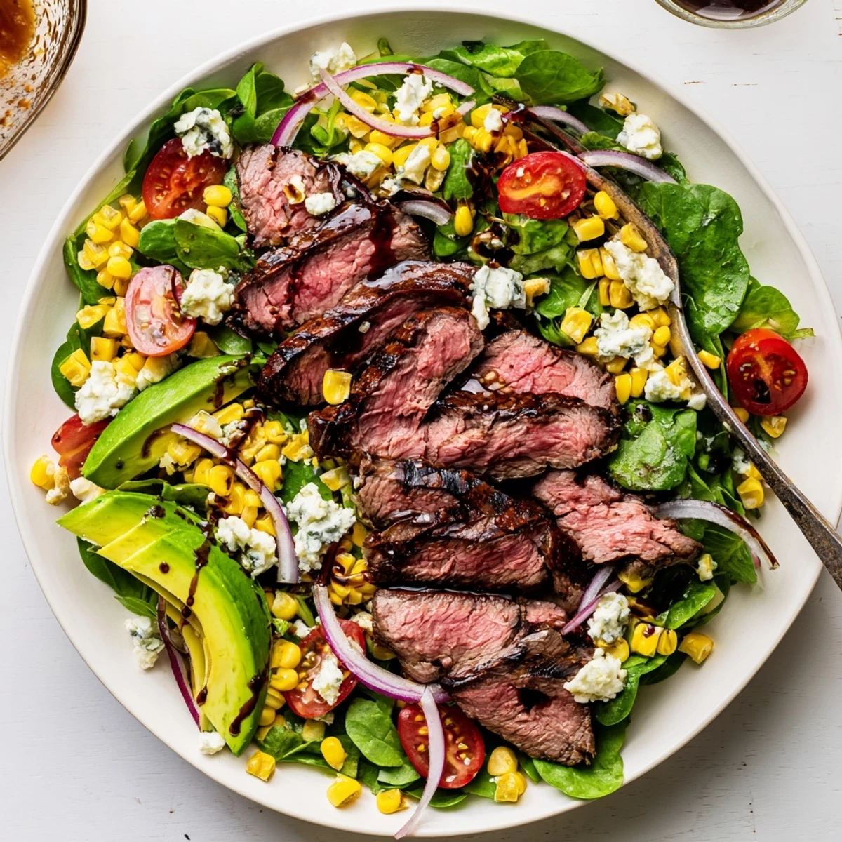 Sliced balsamic steak arranged over a vibrant salad with crumbled Gorgonzola and charred grilled corn kernels.