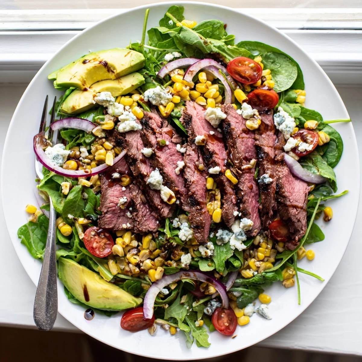 Juicy grilled flank steak atop crisp greens dotted with creamy Gorgonzola and sweet grilled corn in this balsamic steak Gorgonzola salad.