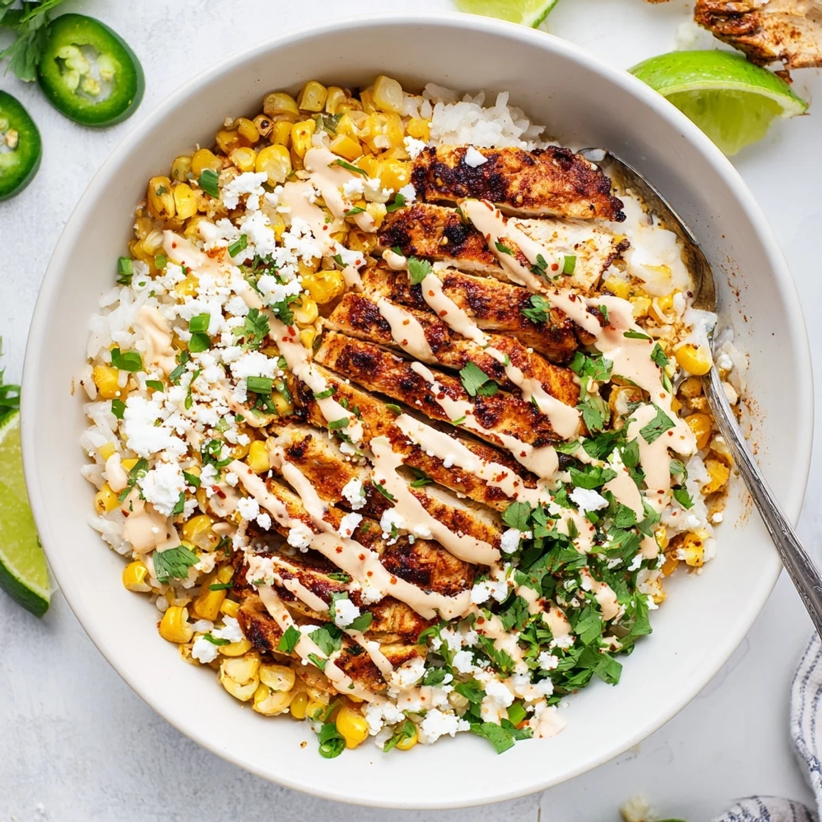 Juicy grilled chicken sliced over fluffy rice in a street corn chicken rice bowl