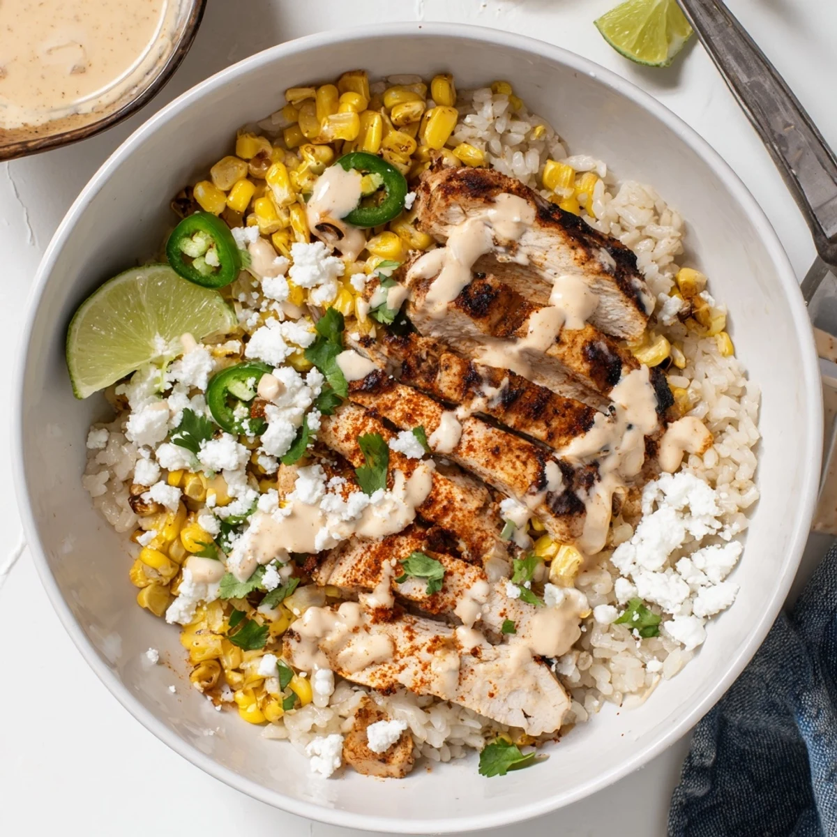 Charred corn and creamy cotija topping a vibrant street corn chicken rice bowl
