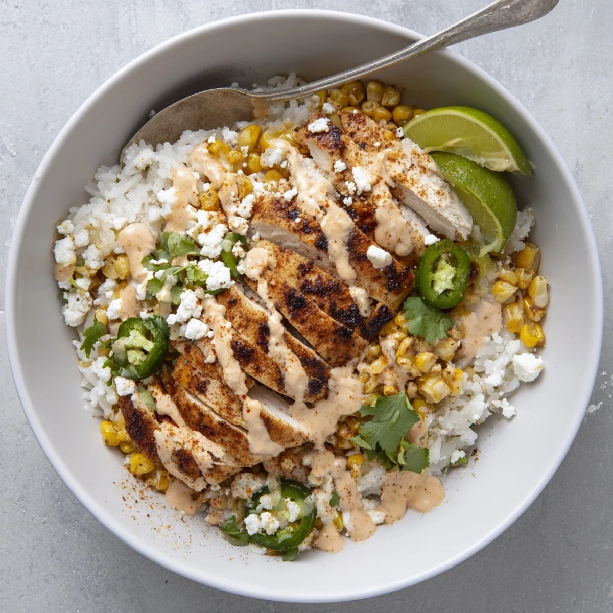 Lime-drizzled street corn chicken rice bowl with cilantro and tangy white sauce