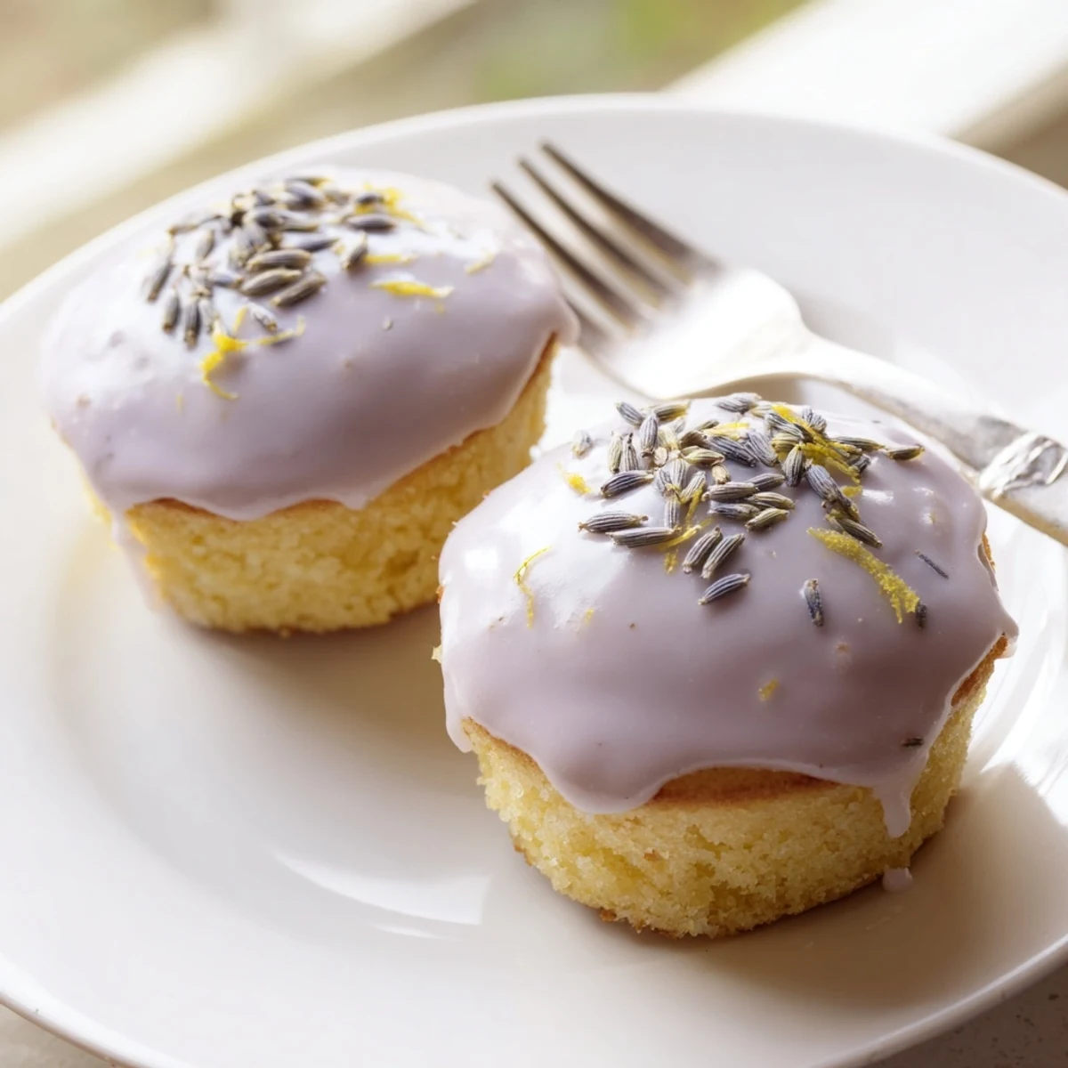 Golden mini lemon cakes with lavender glaze drizzled over tender, warm crumb