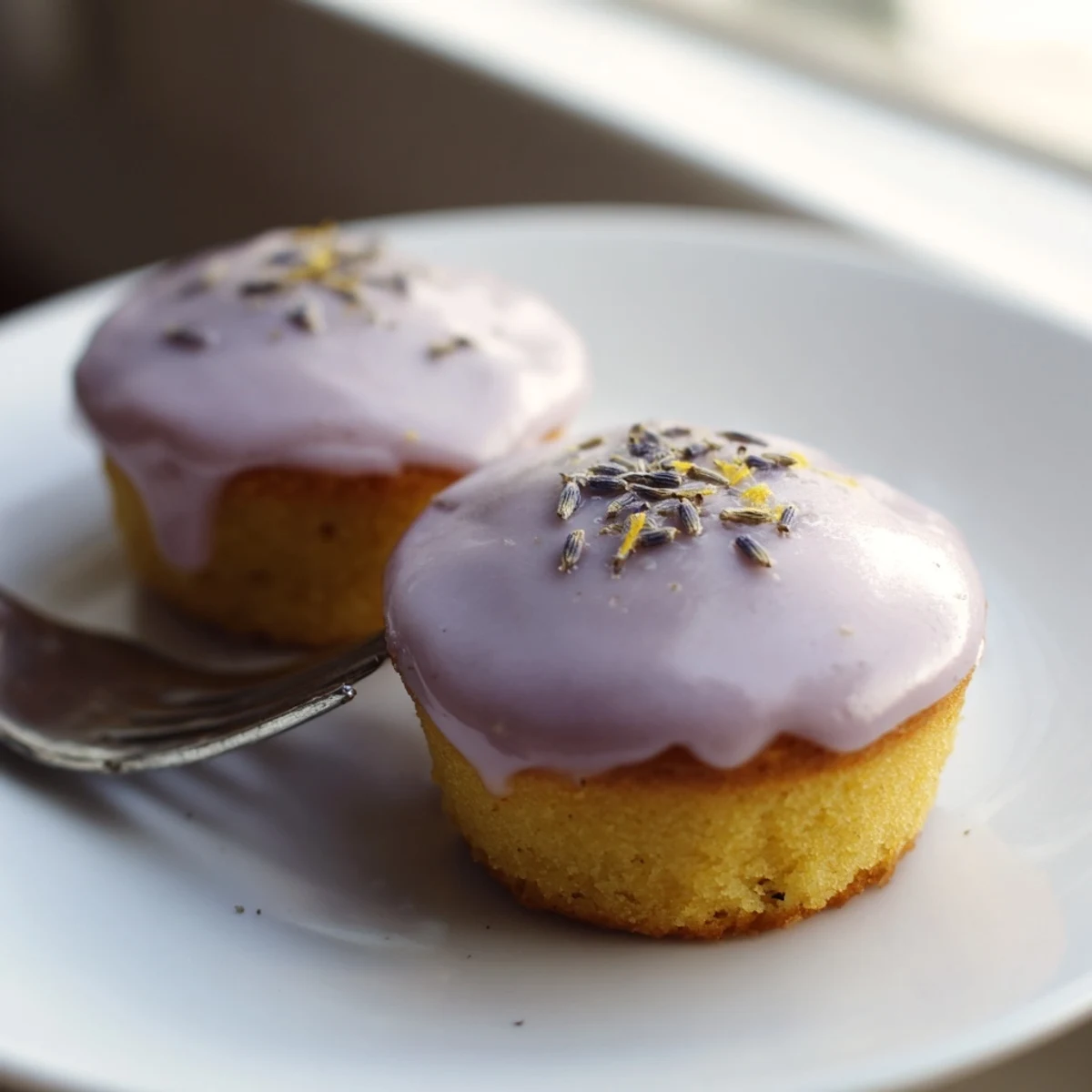 Mini lemon cakes with lavender glaze garnished with zest on a tea plate