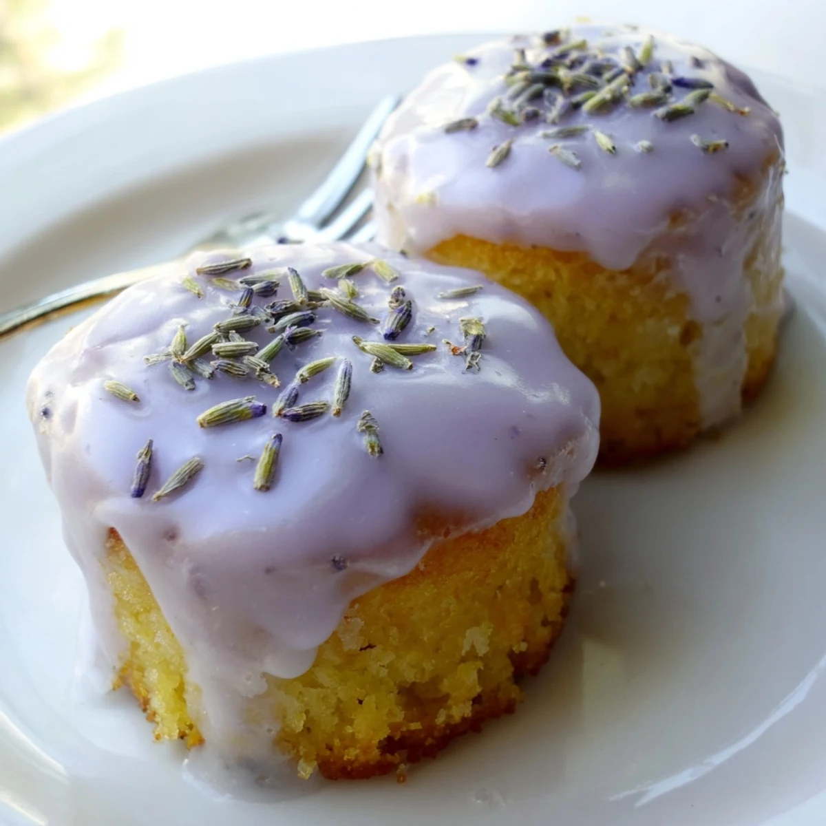 Pale purple lavender glaze pooling atop freshly baked mini lemon cakes with powdered sugar