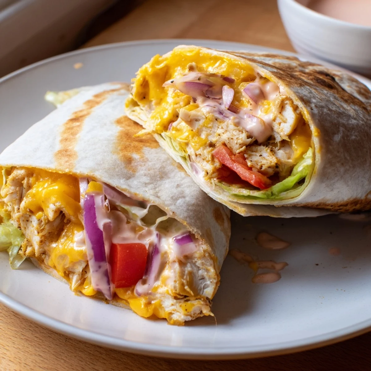 Cheesy Garlic Chicken Wraps sliced in half, gooey cheese and crisp lettuce.