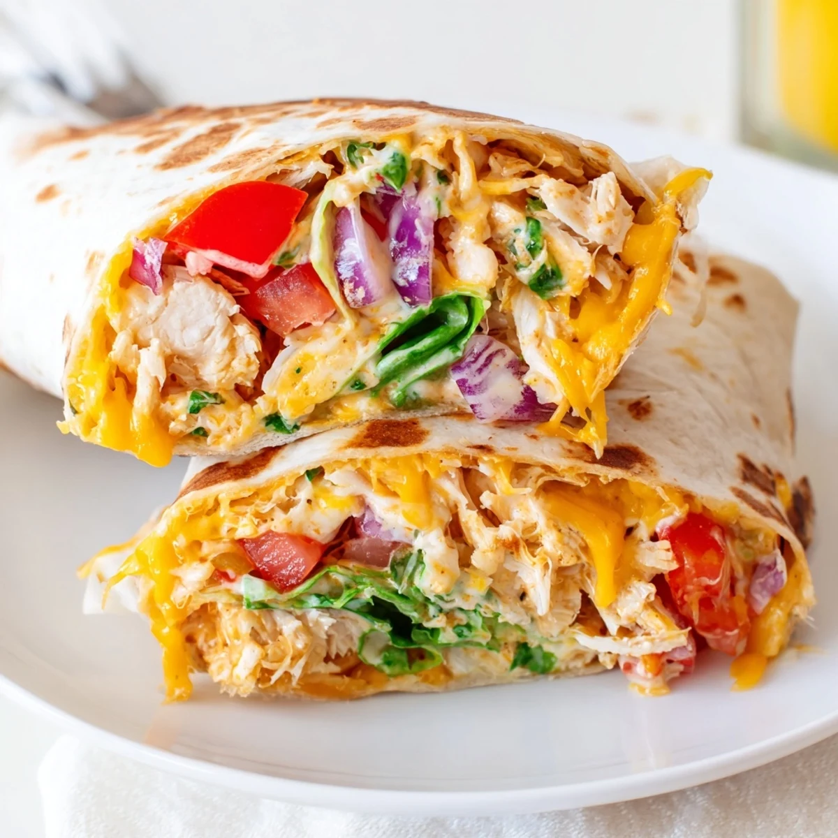 Warm Cheesy Garlic Chicken Wraps grilled briefly for melted cheese, served with sauce.