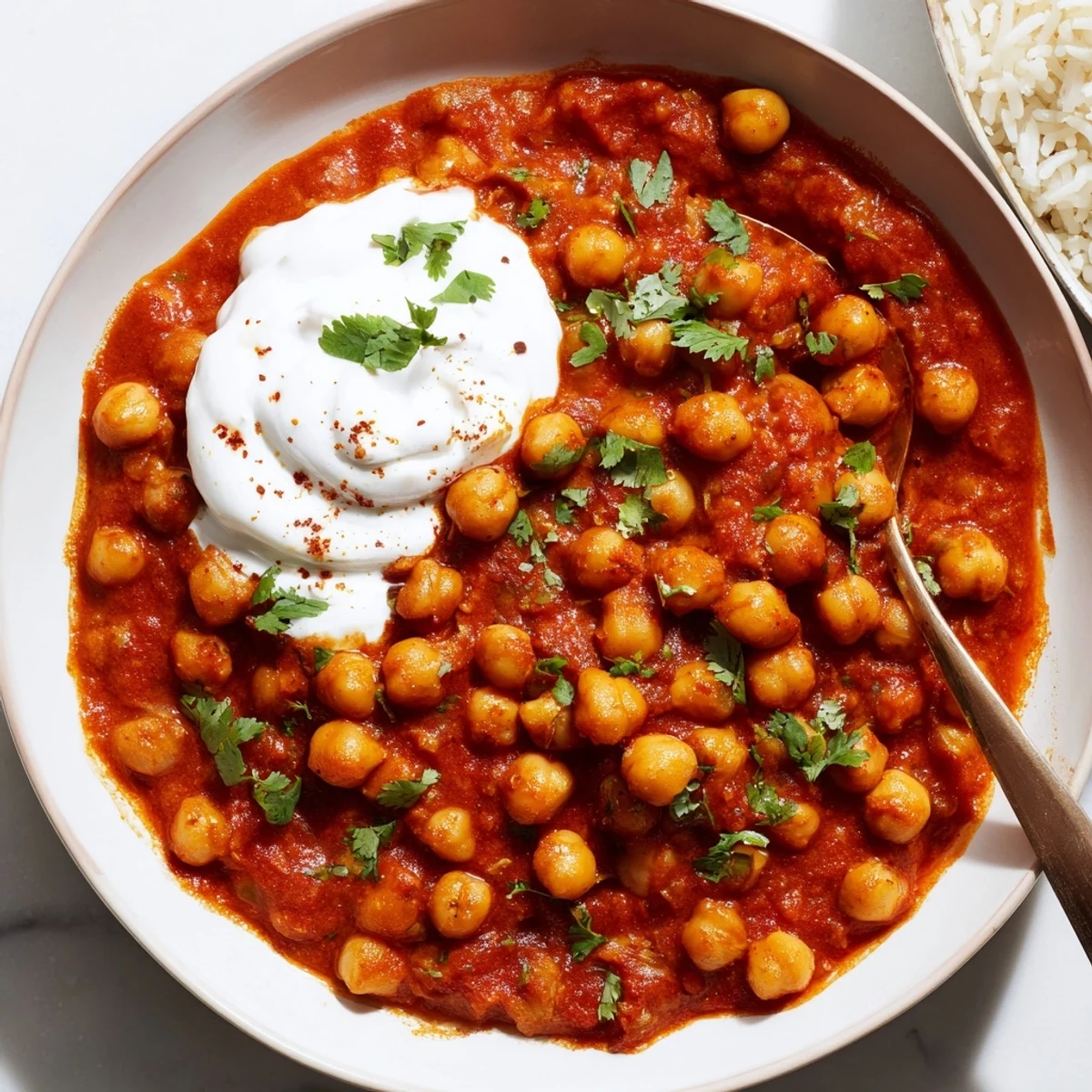 Creamy Greek Yogurt Chickpea Curry steaming over basmati, garnished with cilantro