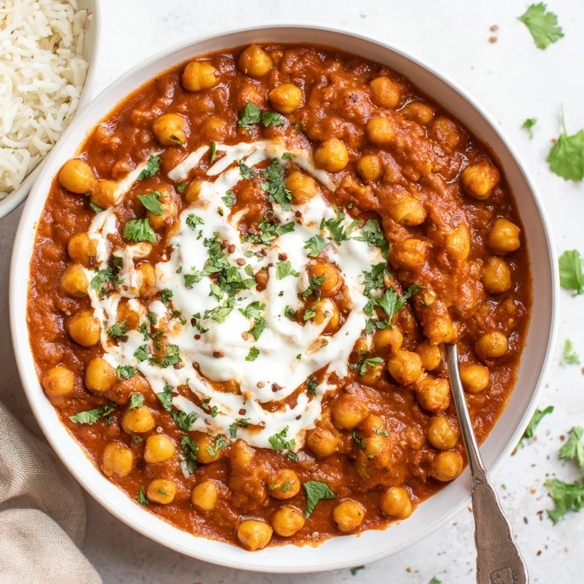 Tangy, velvety Greek Yogurt Chickpea Curry spooned onto rice, ready to serve