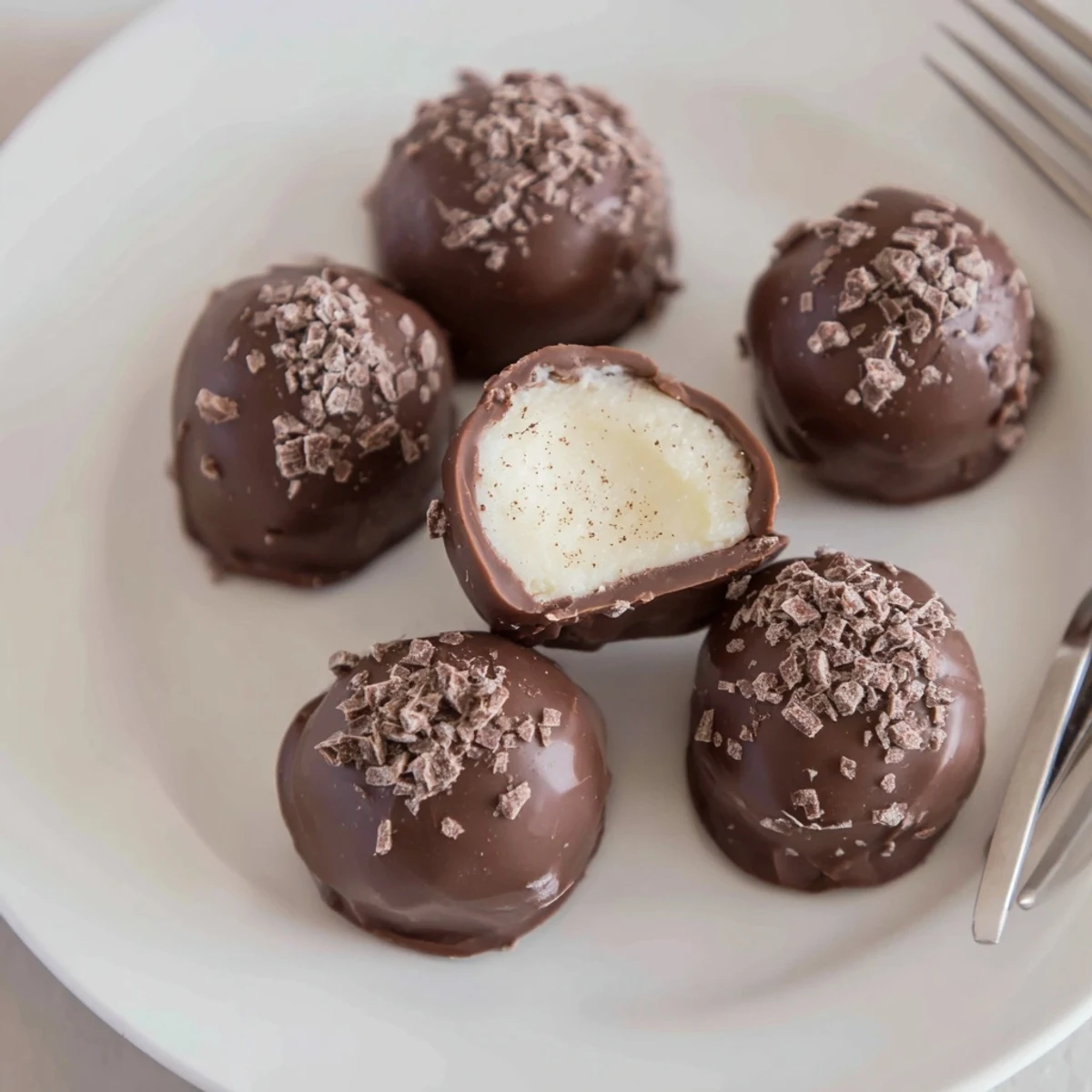 Dark Chocolate Eggnog Truffles glistening with glossy shells, dusted with warm nutmeg