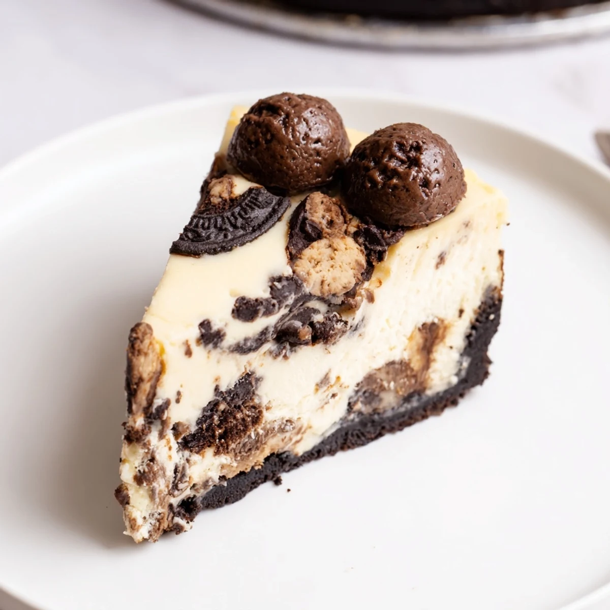 Chilled Chocolate Chip Cookie Dough Cheesecake slice, garnished with mini chips and cookie balls