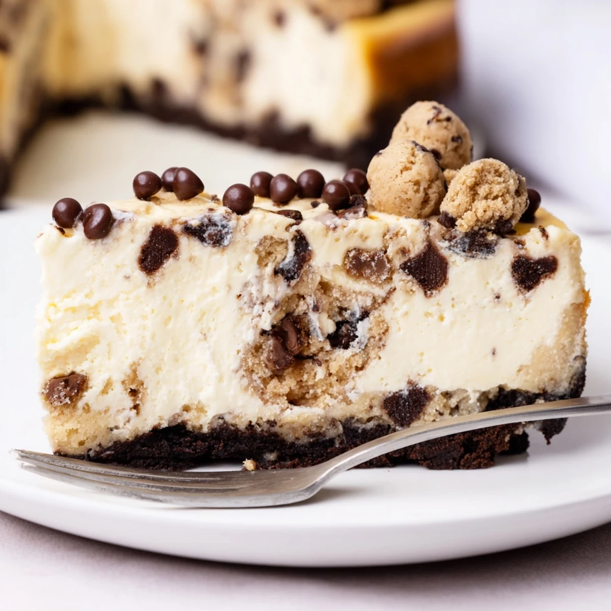 Chocolate Chip Cookie Dough Cheesecake with gooey pockets and a crisp chocolate crust