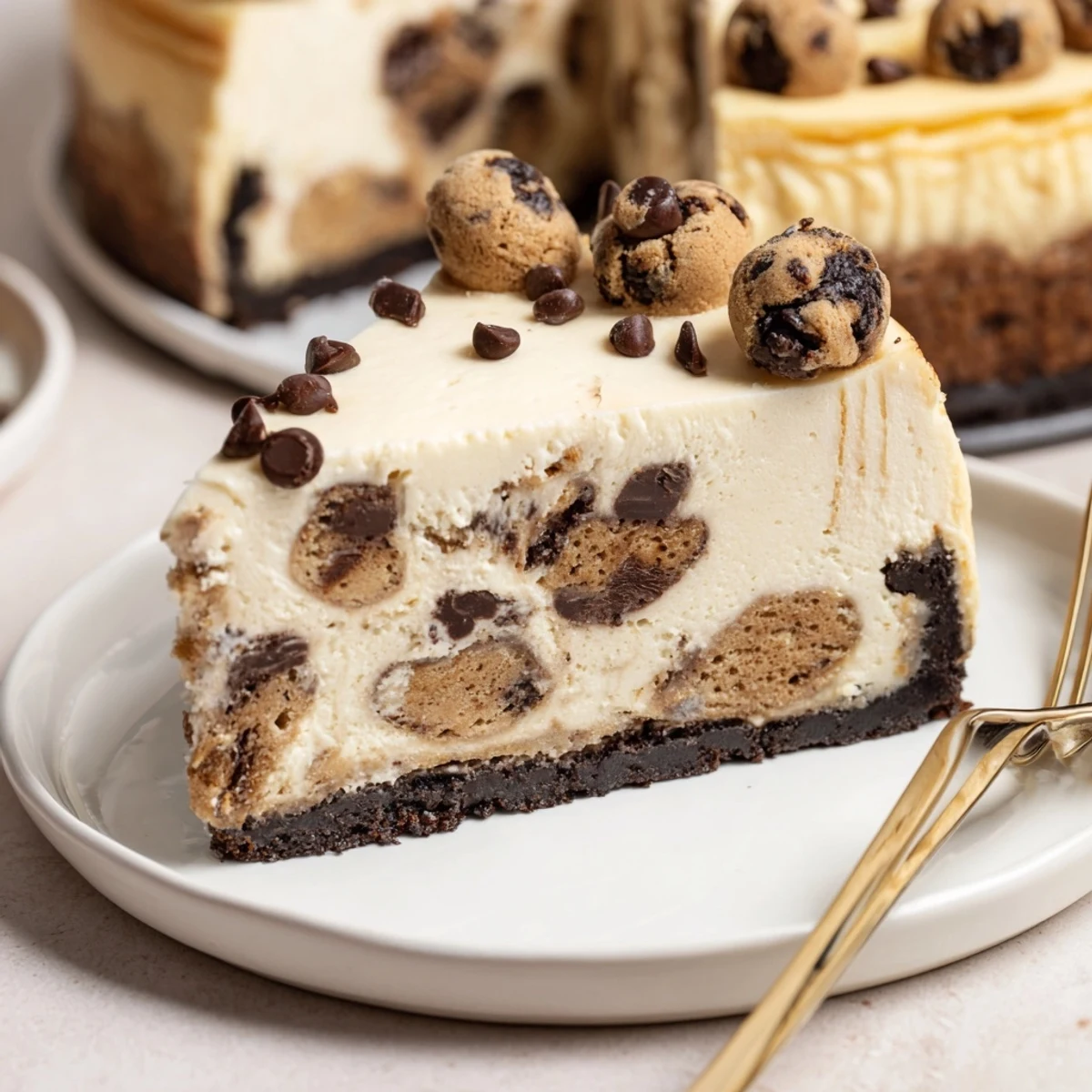 A freshly baked Chocolate Chip Cookie Dough Cheesecake rests, aroma of warm vanilla