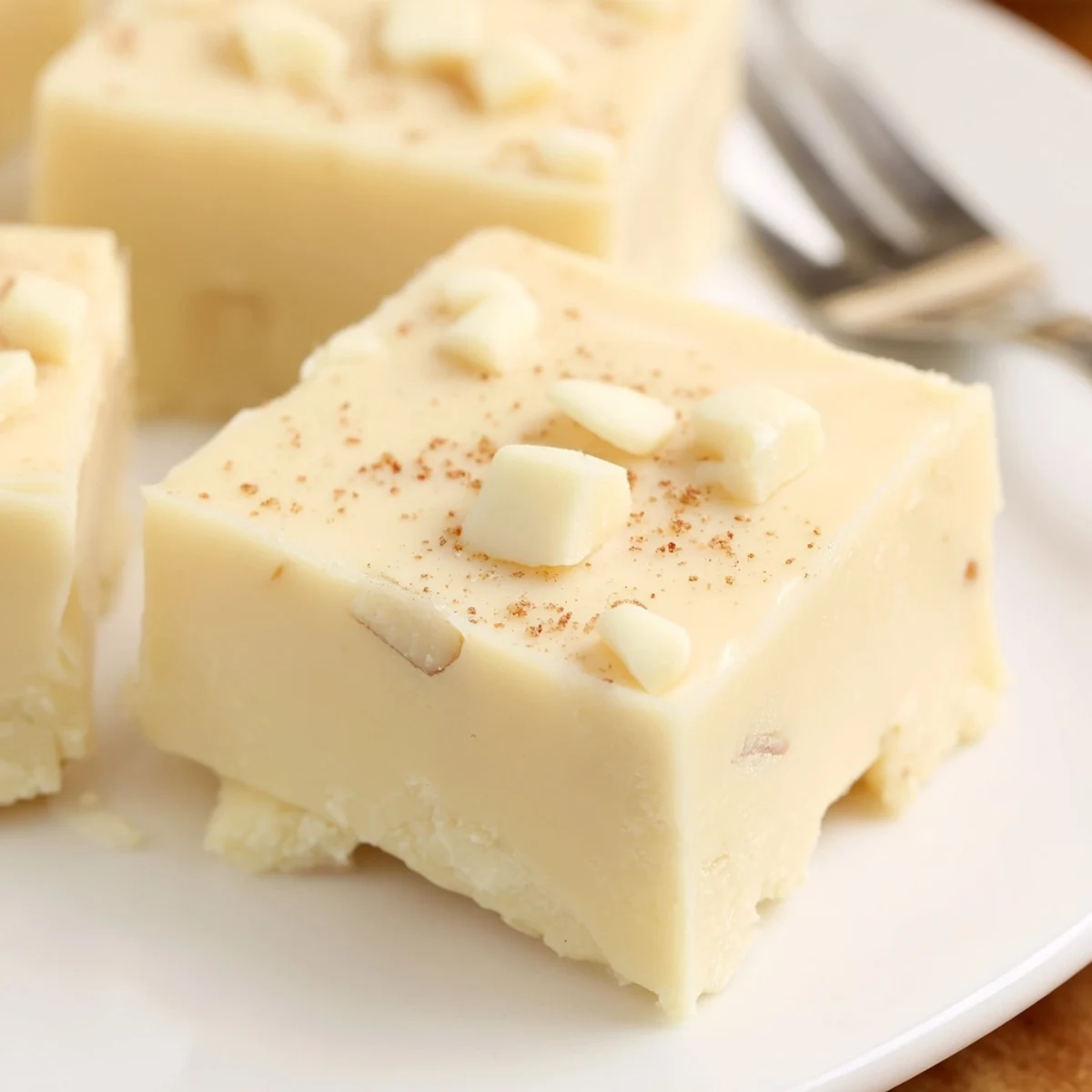 Creamy Eggnog Fudge squares dusted with nutmeg, chilled and ready to serve